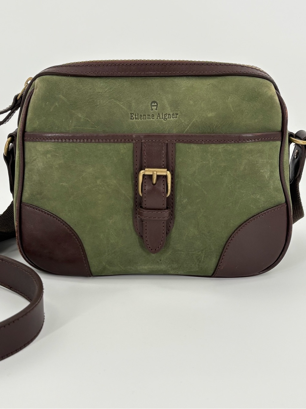 Vintage Etienne Aigner Green Suede Leather Crossbody Bag Purse Brown Trim Buckle